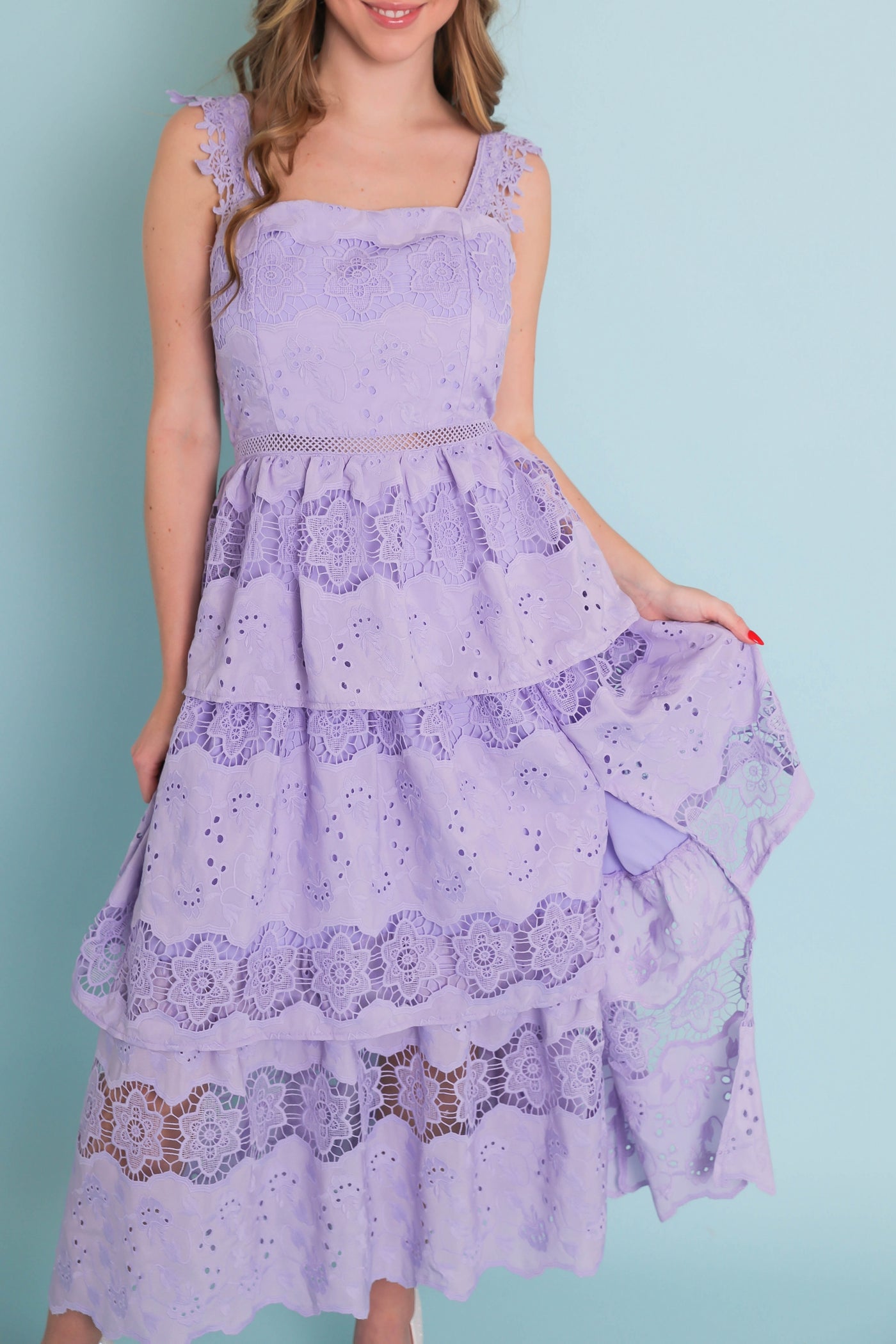 Lavender Floral Embroidered Midi Dress- Women's Purple Lace Dress- Just Me Dresses