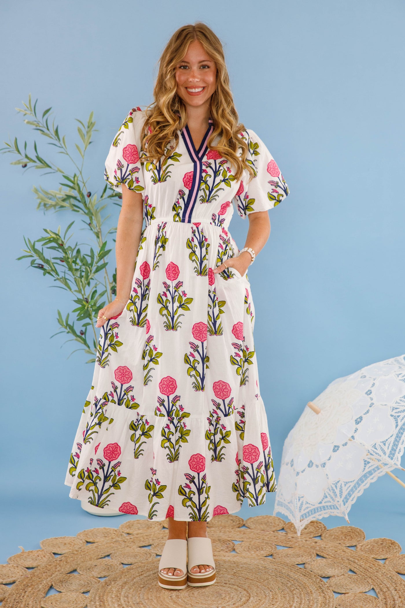 Women's White Printed Dress- THML Midi Dress- Women's Anthro Midi Dress