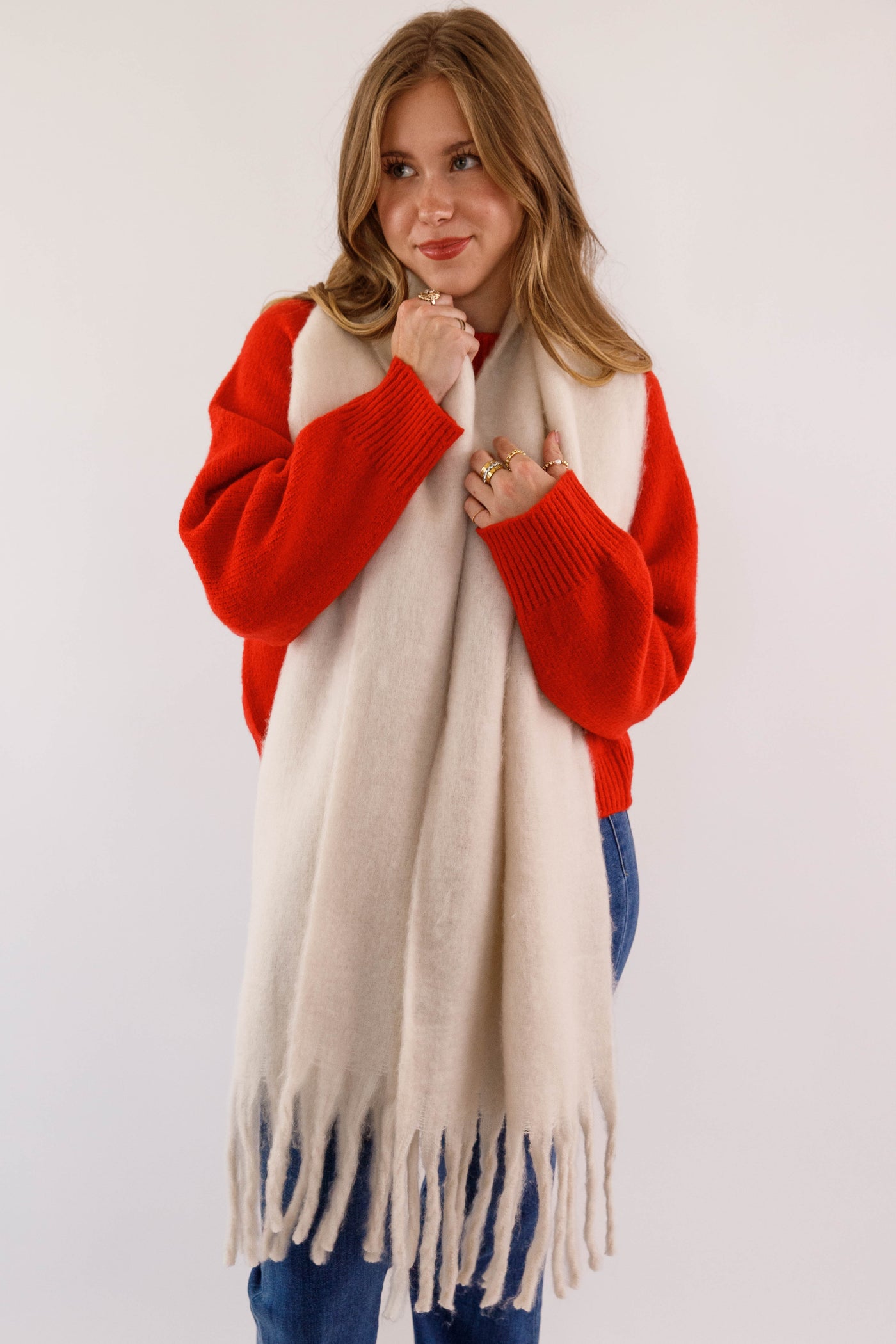 Cream Fringe Scarf- Long Cream Fringe Scarf