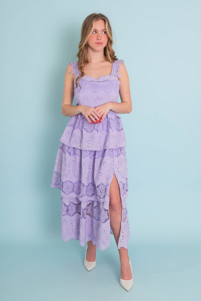Lavender Floral Embroidered Midi Dress- Women's Purple Lace Dress- Just Me Dresses