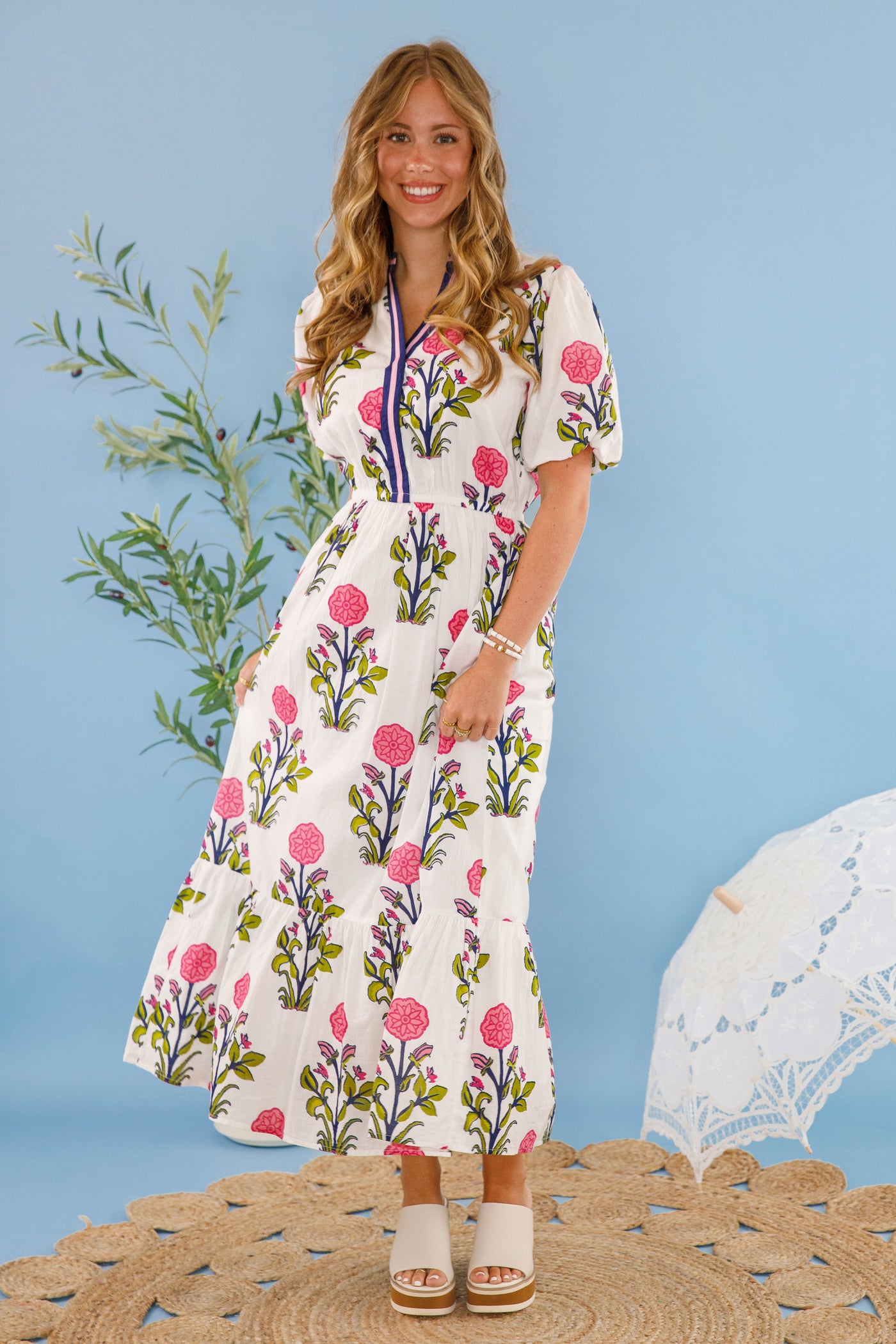 Women's White Printed Dress- THML Midi Dress- Women's Anthro Midi Dress