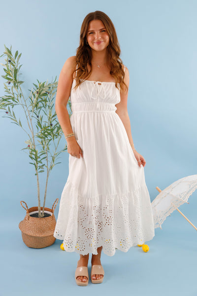 Women's White Midi Dress- White Eyelet Beach Dress- Women's Bridal Shower Dress
