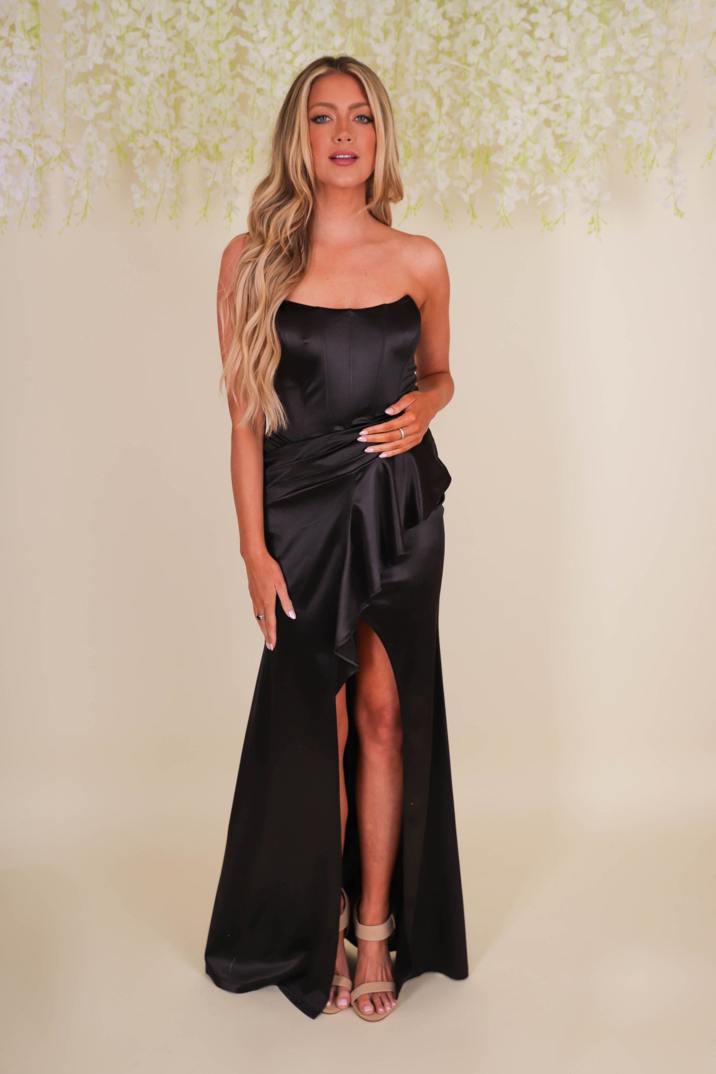 Black Satin Formal Maxi Dress- Satin Bustier Top Dress- Formal Wedding Guest Dresses