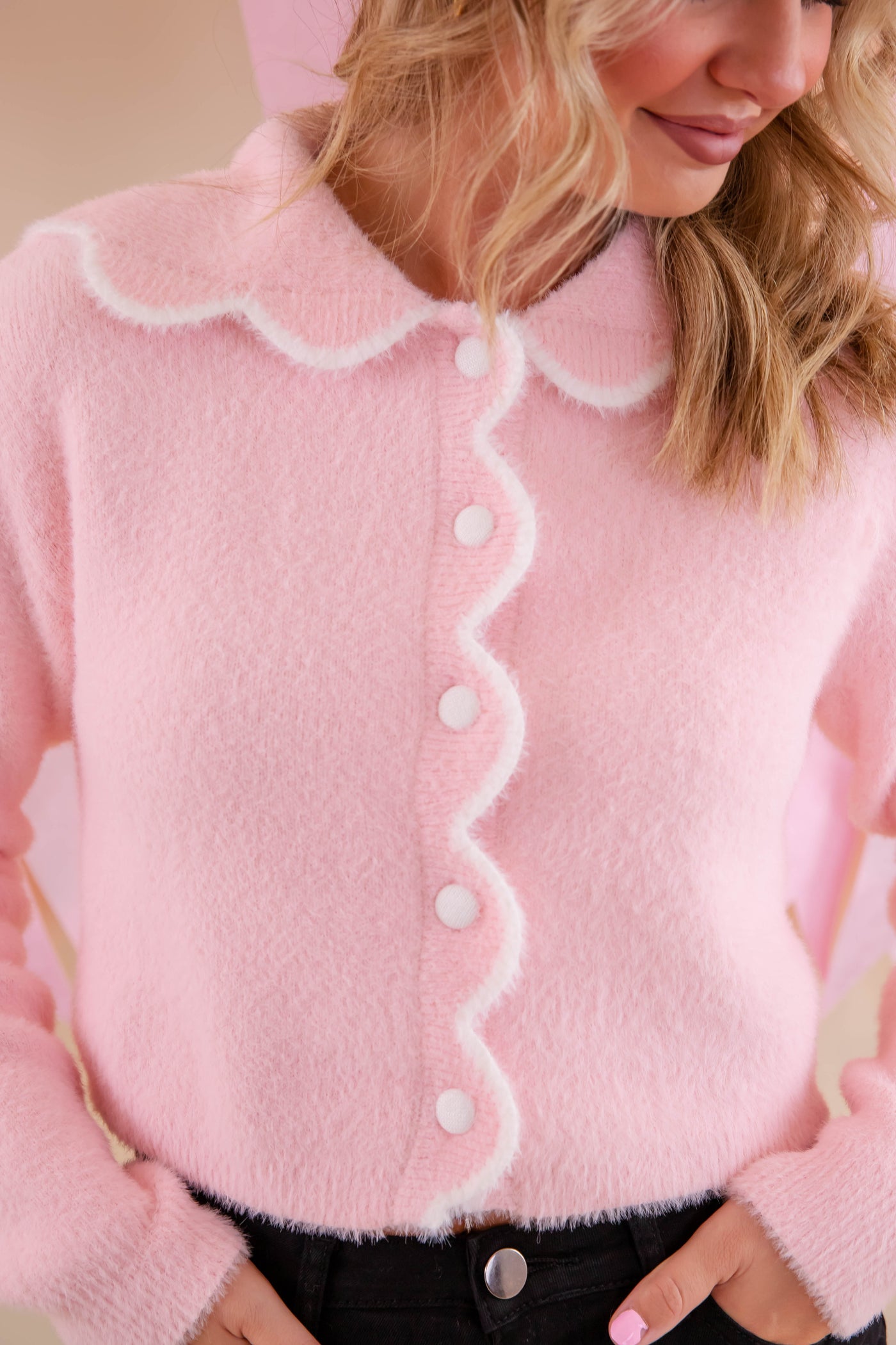Fuzzy Light Pink Sweater- Scalloped Pink Fuzzy Sweater- Mable Light Pink Sweater