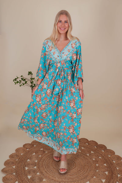 Women's Teal Floral Maxi- Women's Vacation Maxi Dress- Aakaa Maxi Dresses