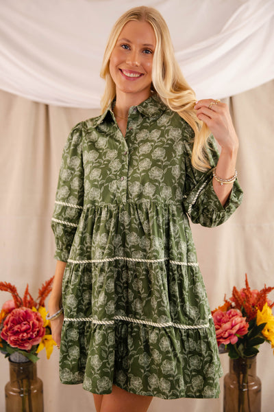 Olive Floral Print Dress- Women's Fall Dress- Entro Olive Dress