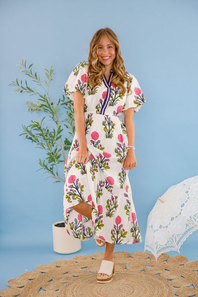 Women's White Printed Dress- THML Midi Dress- Women's Anthro Midi Dress