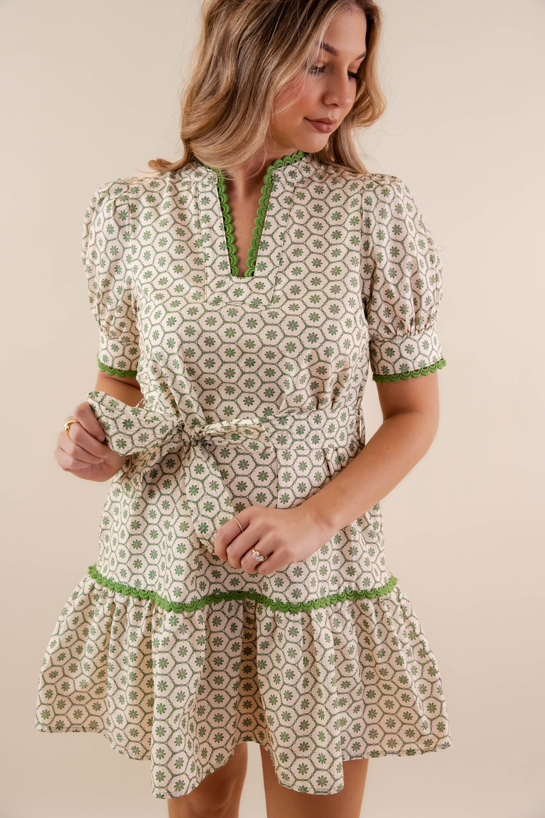 Scallop Trim Puff Sleeve Mini Dress- Women's Olive Green Dress- Entro Dresses Large