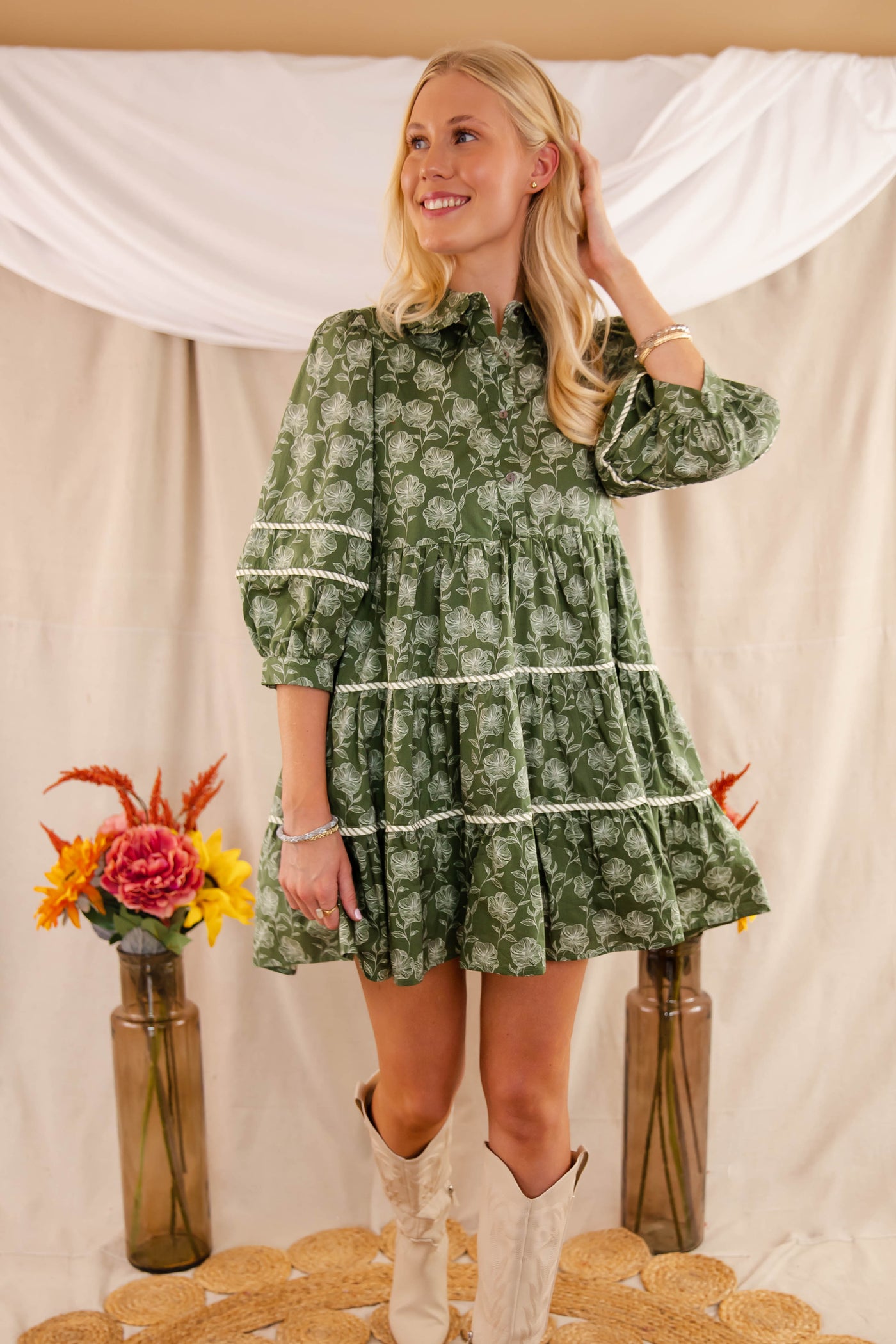 Olive Floral Print Dress- Women's Fall Dress- Entro Olive Dress