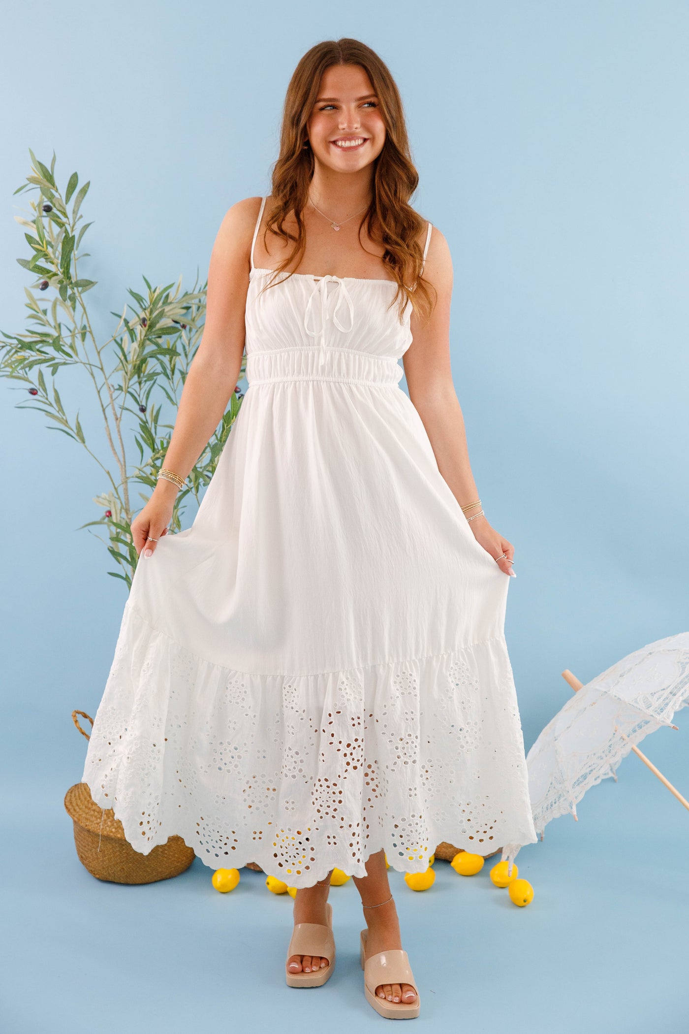 Women's White Midi Dress- White Eyelet Beach Dress- Women's Bridal Shower Dress – Juliana's Boutique