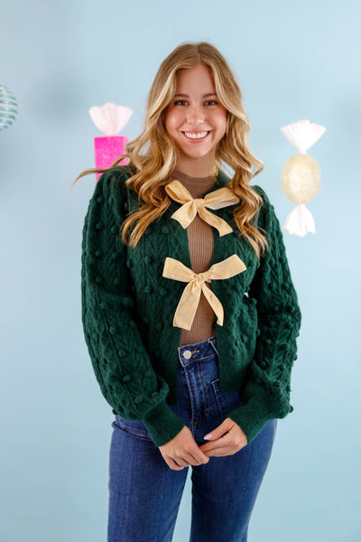 Green Bow Front Cardigan- Women's Pom Pom Cardigan- Velvet Bow Holiday Cardigan