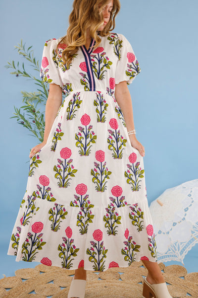 Women's White Printed Dress- THML Midi Dress- Women's Anthro Midi Dress