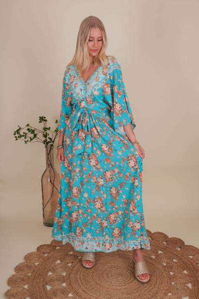 Women's Teal Floral Maxi- Women's Vacation Maxi Dress- Aakaa Maxi Dresses