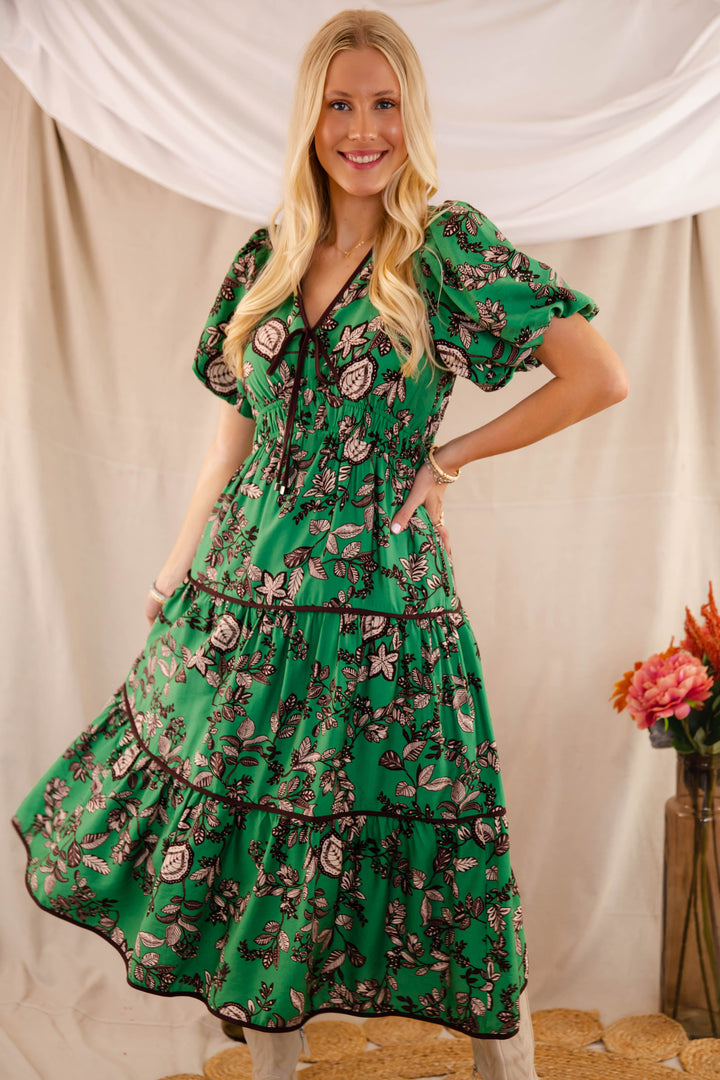 Green Floral Maxi Dress- Women's Fall Floral Dresses- Entro Green