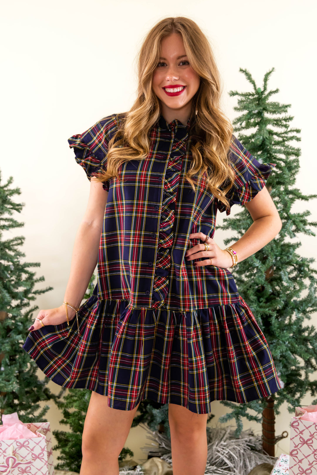 Tartan Plaid Ruffle Dress, Navy Tartan Plaid Ruffle Dress, Navy