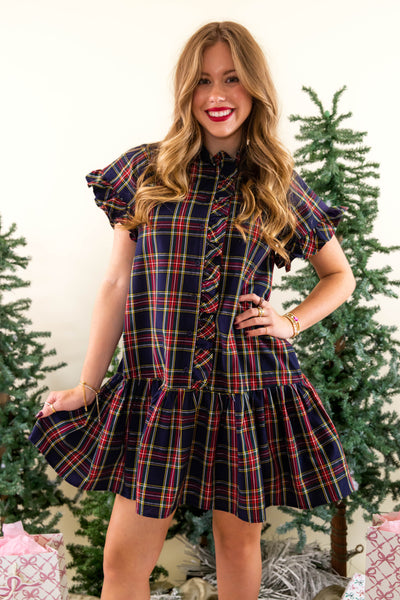 Navy Tartan Dress- Classic Tartan Ruffled Dress- Entro Plaid Dress