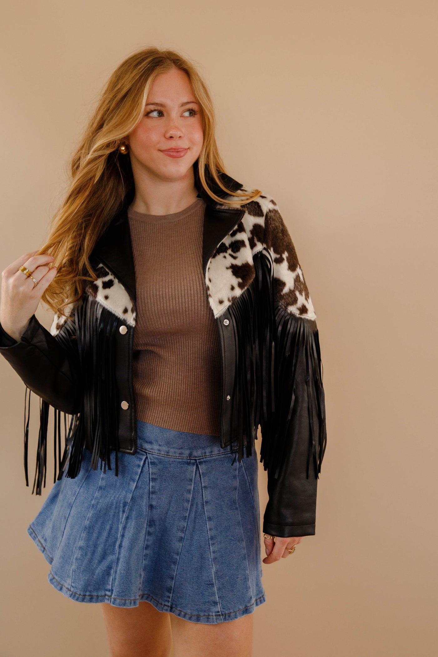 Women's Cowhide Faux Leather Fringe Jacket- Women's Western Style