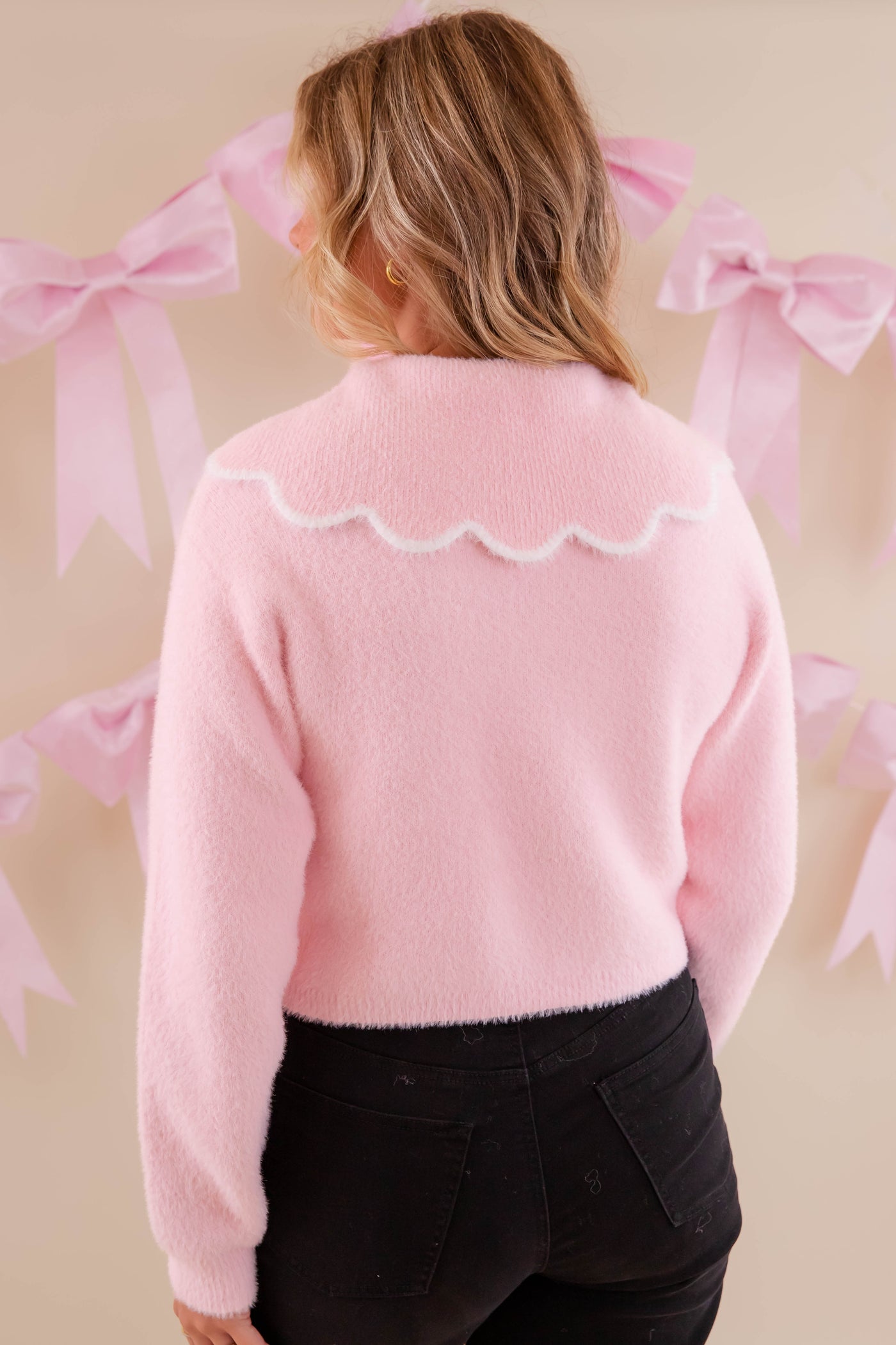 Fuzzy Light Pink Sweater- Scalloped Pink Fuzzy Sweater- Mable Light Pink Sweater