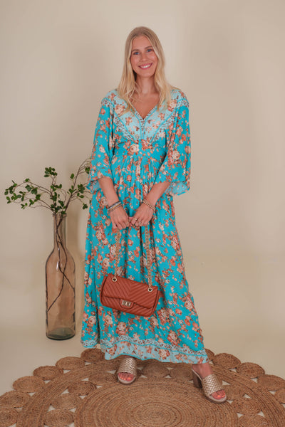 Women's Teal Floral Maxi- Women's Vacation Maxi Dress- Aakaa Maxi Dresses