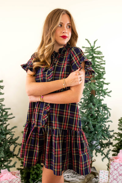 Navy Tartan Dress- Classic Tartan Ruffled Dress- Entro Plaid Dress