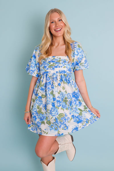 Cute Floral Print Dress- Women's Spring Dresses- Blue Flower Dress