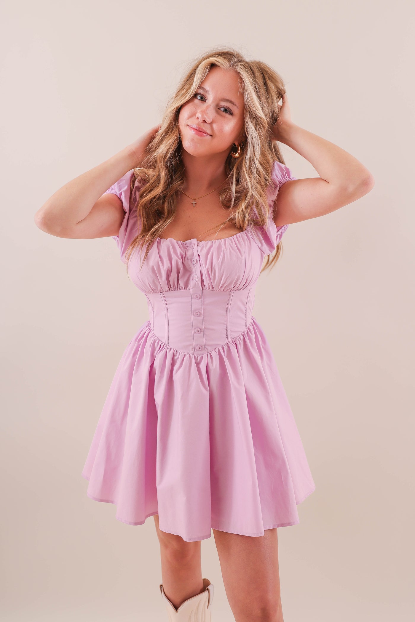 Lavender Corset Style Dress- Women's Puff Sleeve Corset Dress- Mable Dresses