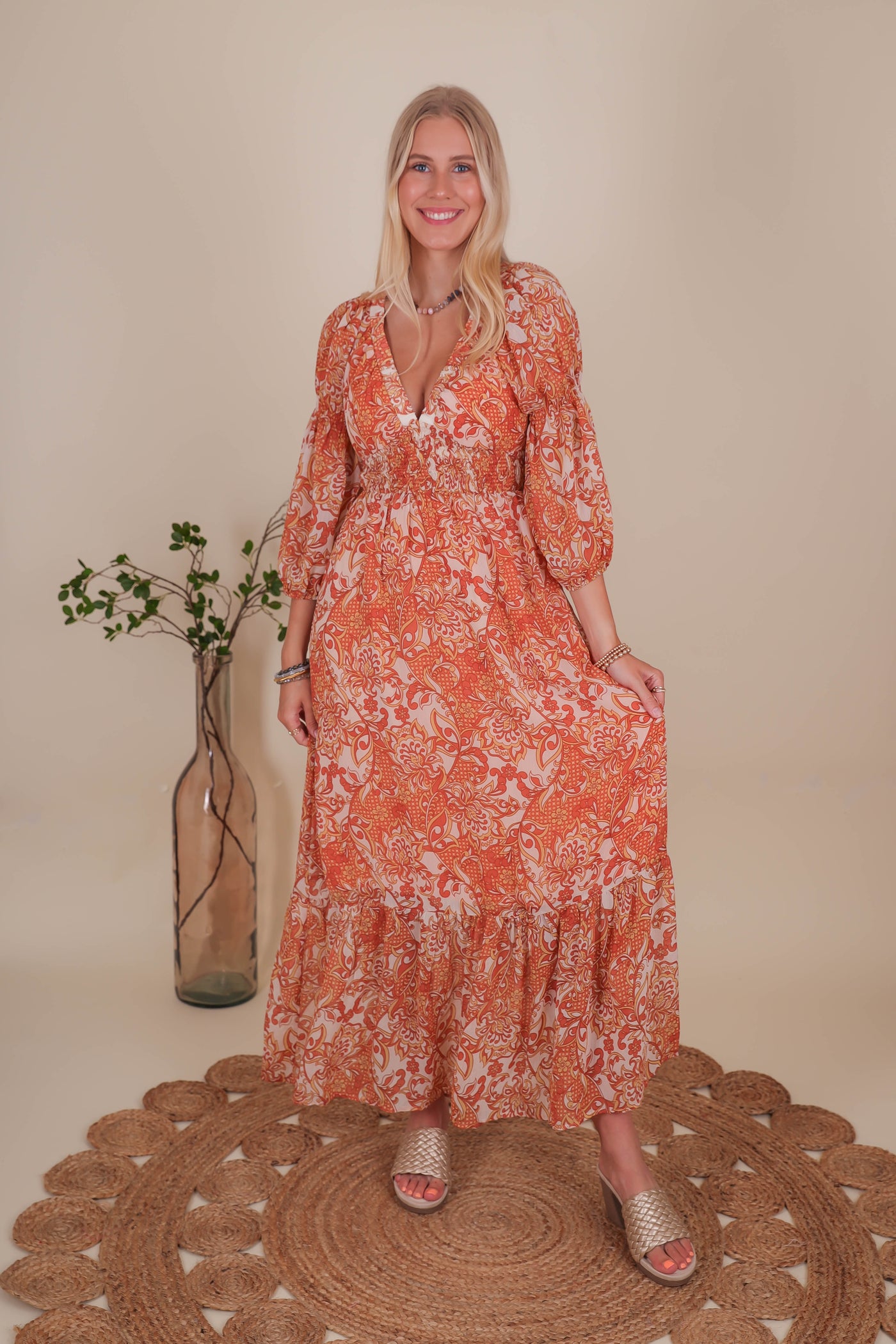 Women's Boho Style Maxi Dress- Women's Orange Paisley Maxi- In The Beginning Maxi Dress