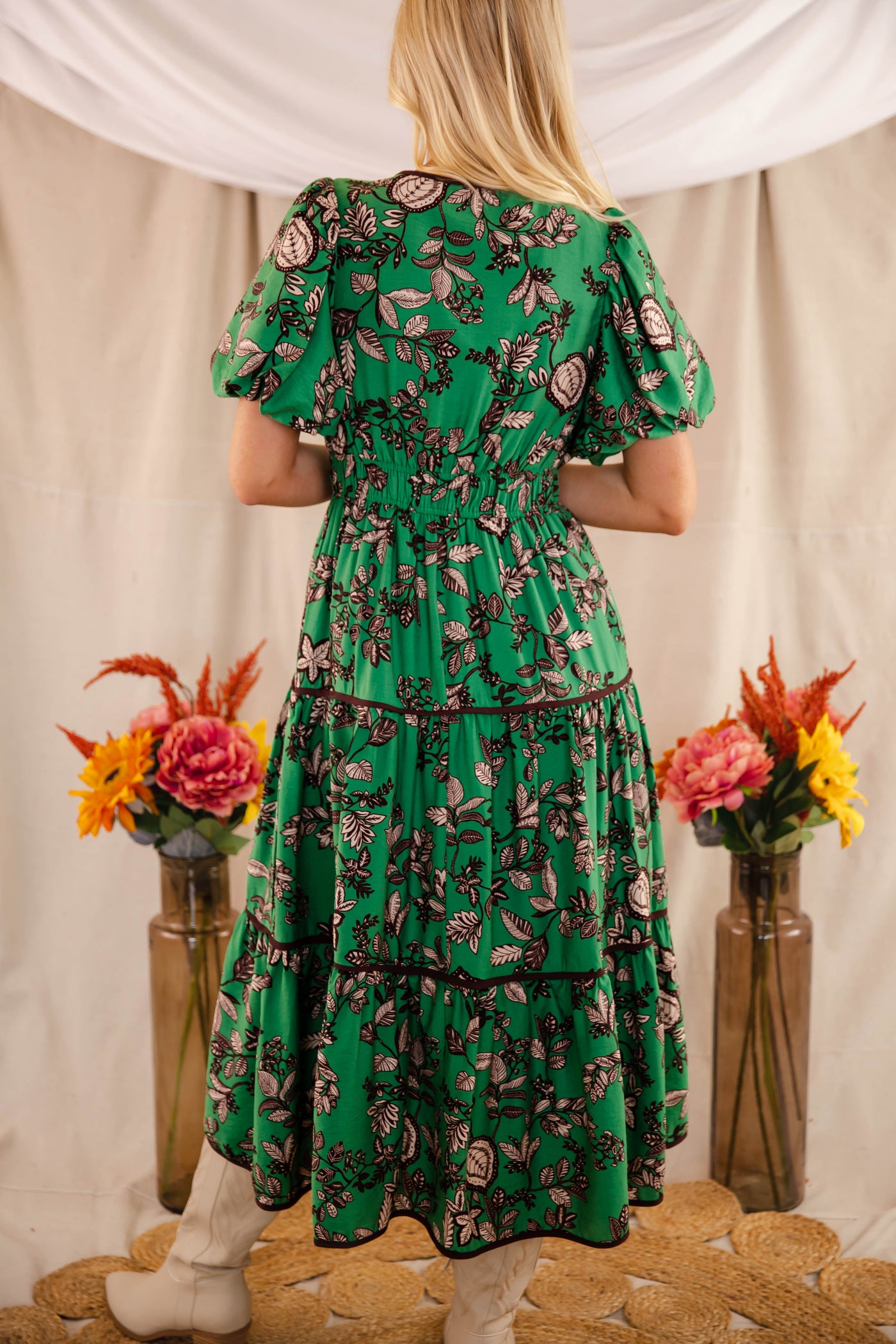 Green Floral Maxi Dress- Women's Fall Floral Dresses- Entro Green Maxi Dress