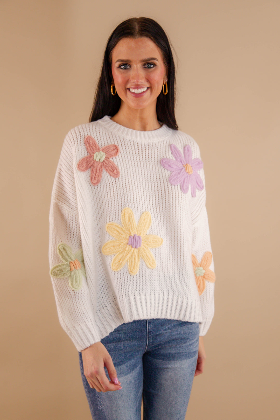 Women's Oversized Knit Sweater- 3D Knit Flower Sweater- Pastel