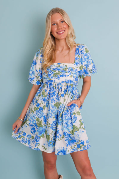 Cute Floral Print Dress- Women's Spring Dresses- Blue Flower Dress
