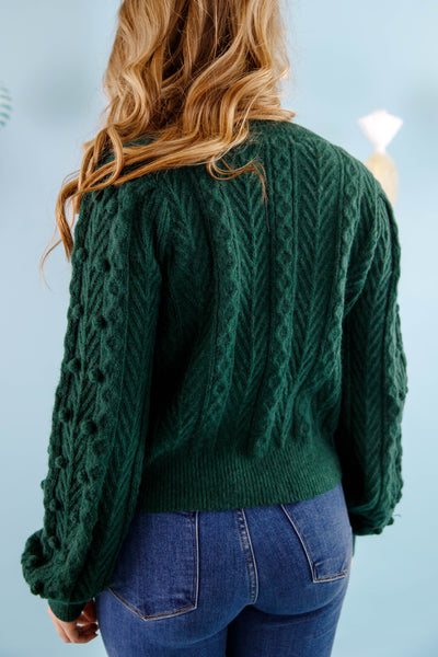 Green Bow Front Cardigan- Women's Pom Pom Cardigan- Velvet Bow Holiday Cardigan