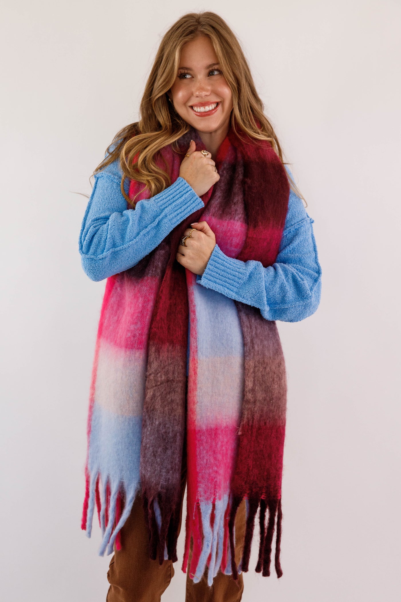 Pink and Blue Plaid Scarf- Soft Long Plaid Scarf