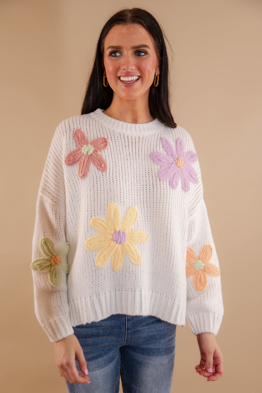 Women's Oversized Knit Sweater- 3D Knit Flower Sweater- Pastel