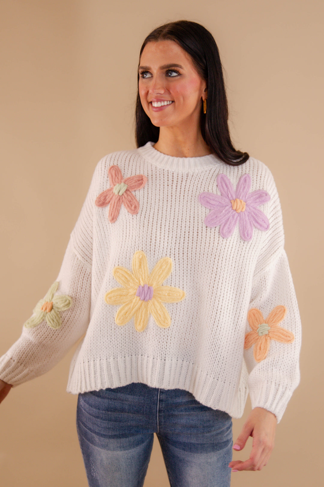 Women's Oversized Knit Sweater- 3D Knit Flower Sweater- Pastel
