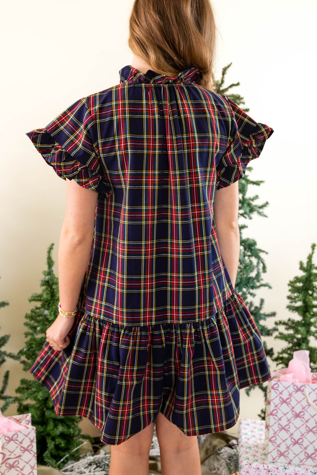 tartan fitted dress Navy Dress- Classic Tartan Ruffled Dress- Entro Plaid Large 6037 Jericho turnpike 43/38/42” These measurements are Ever-Pretty Satin Empire Waist Color:Navy Blue As Picture