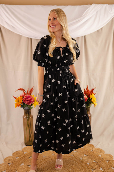 Bow Print Maxi Dress- Women's Black Bow Dress- Entro Ribbon Maxi Dress