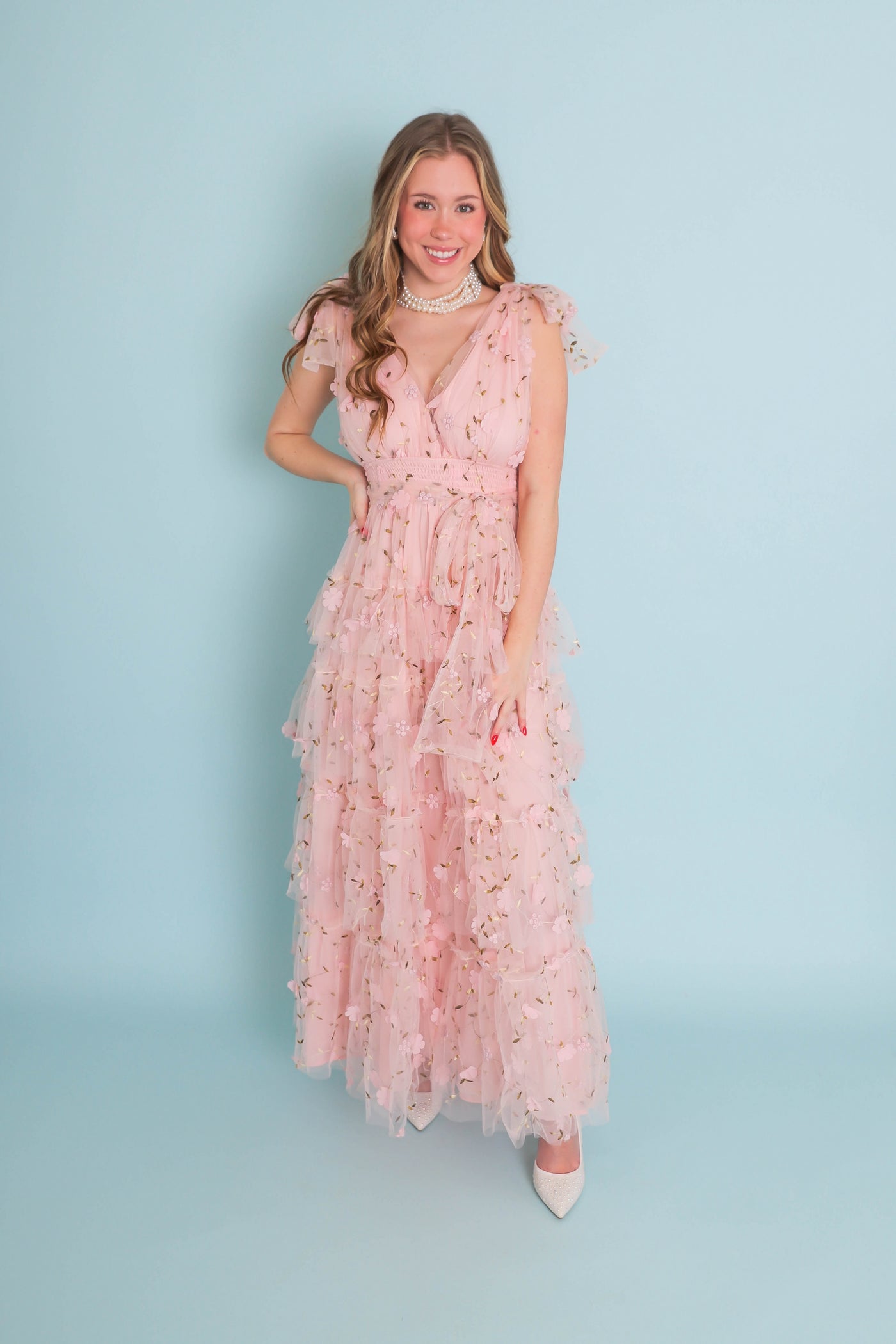 Blush Pink Tulle Maxi Dress- 3D Flower Maxi Dress- Elegant Tulle Flower Maxi Dress
