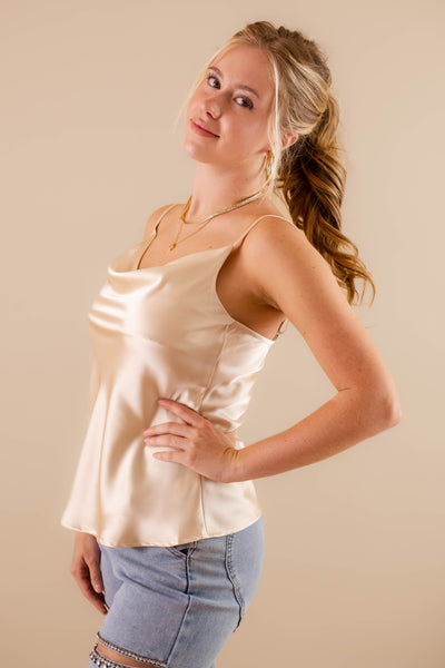 Silky Cowl Neck Tank- Women's Champagne Satin Top- GLAM Tops