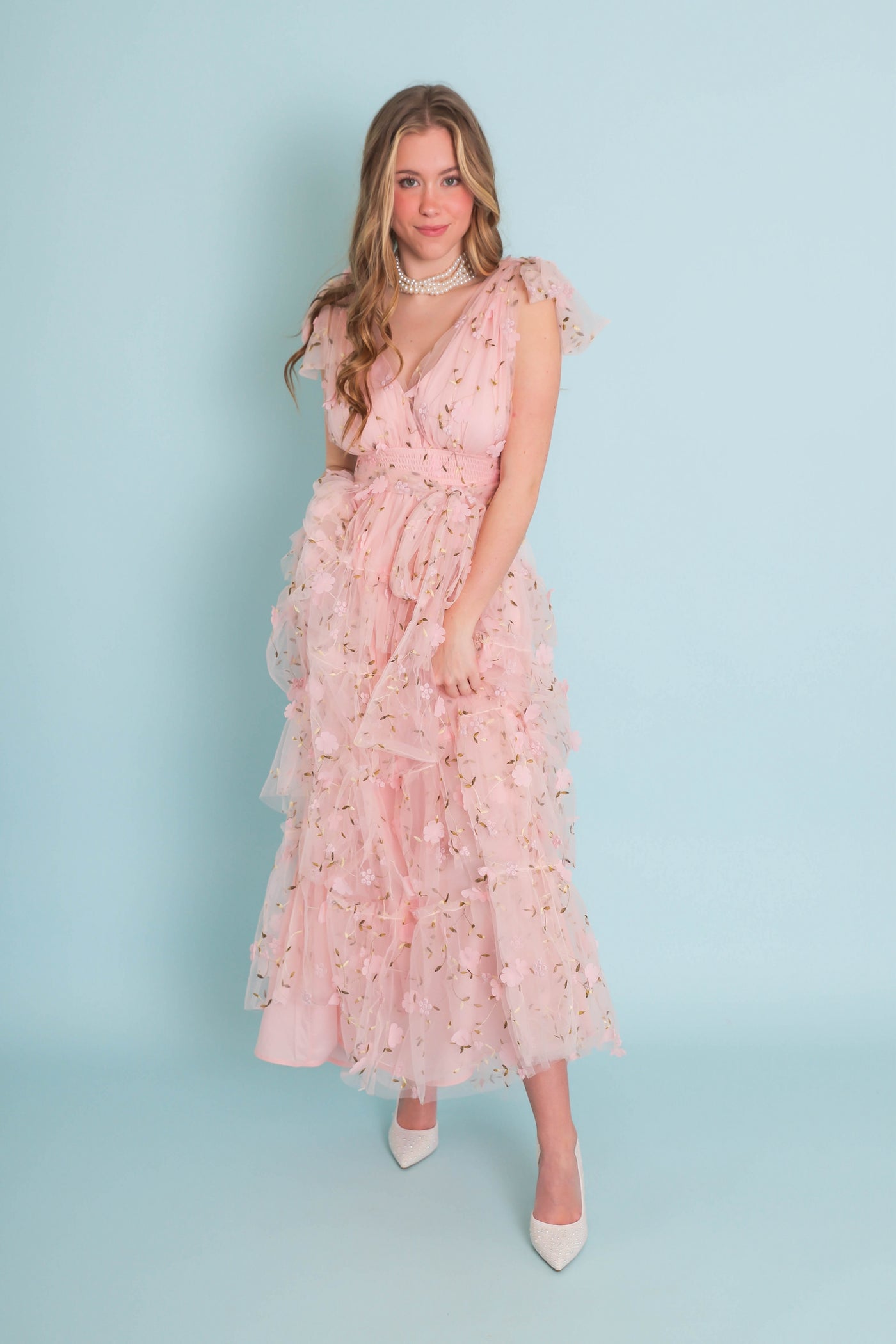 Blush Pink Tulle Maxi Dress- 3D Flower Maxi Dress- Elegant Tulle Flower Maxi Dress