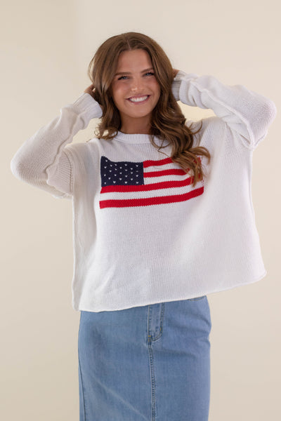 Women's American Flag Sweater- White Flag Sweater- Americana Lightweight Sweater