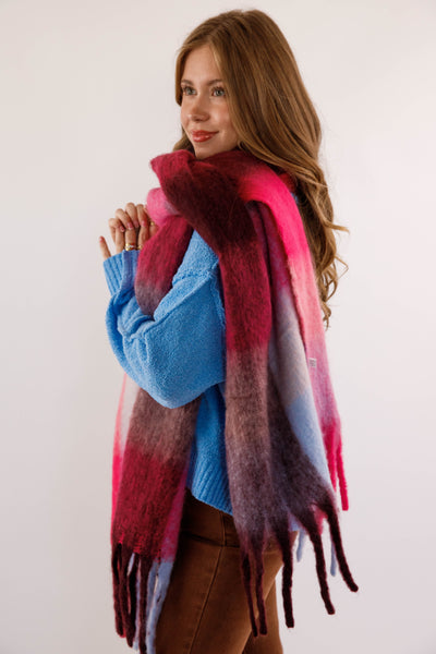 Pink and Blue Plaid Scarf- Soft Long Plaid Scarf