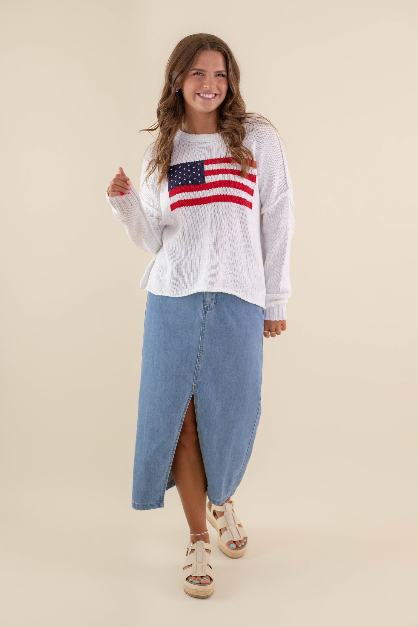 Women's American Flag Sweater- White Flag Sweater- Americana Lightweight Sweater