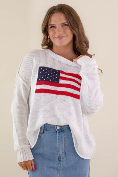 Women's American Flag Sweater- White Flag Sweater- Americana Lightweight Sweater