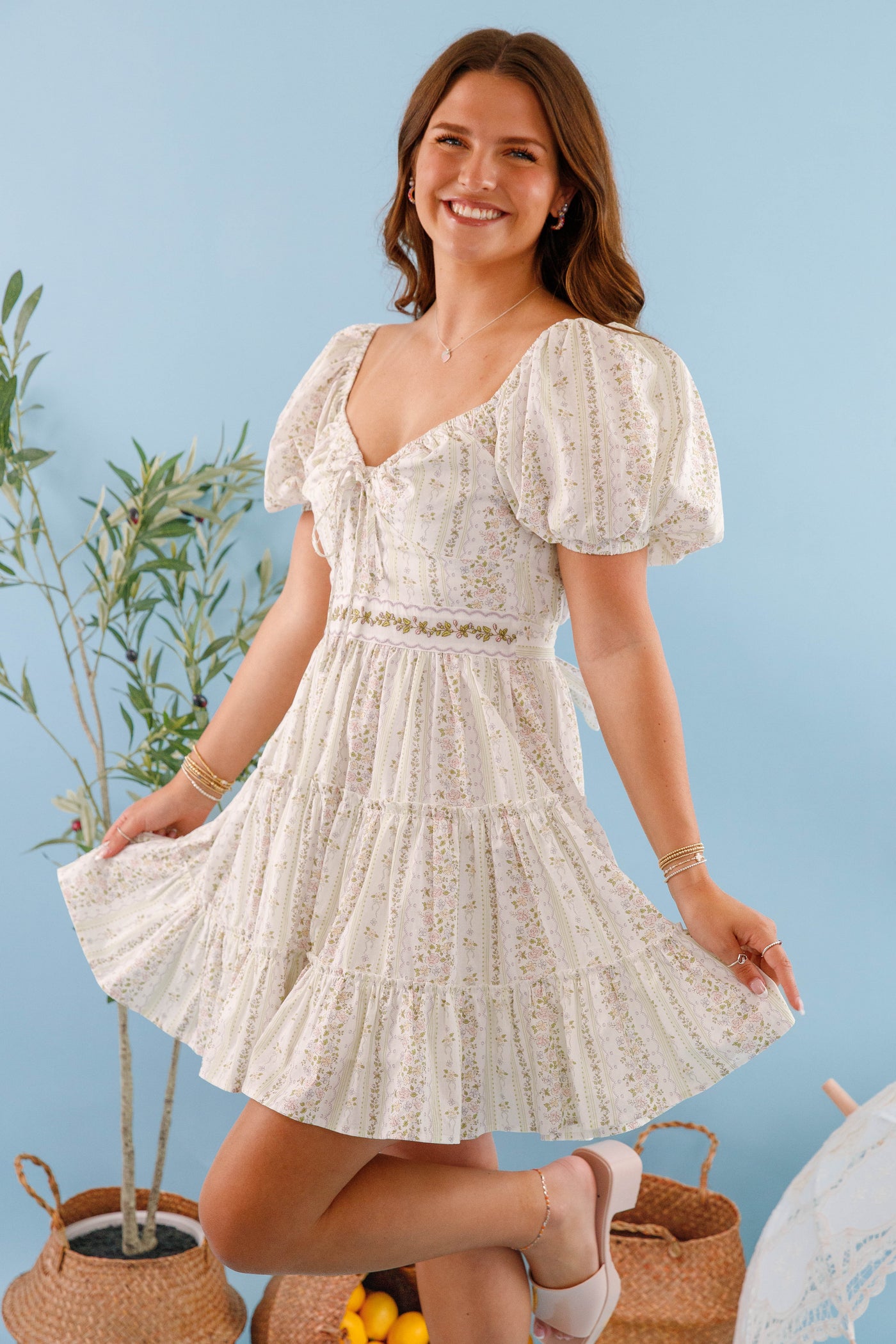 Tiered Floral Mini Dress- Cute Floral Printed Dress- Mable Dress with Puffed Sleeves