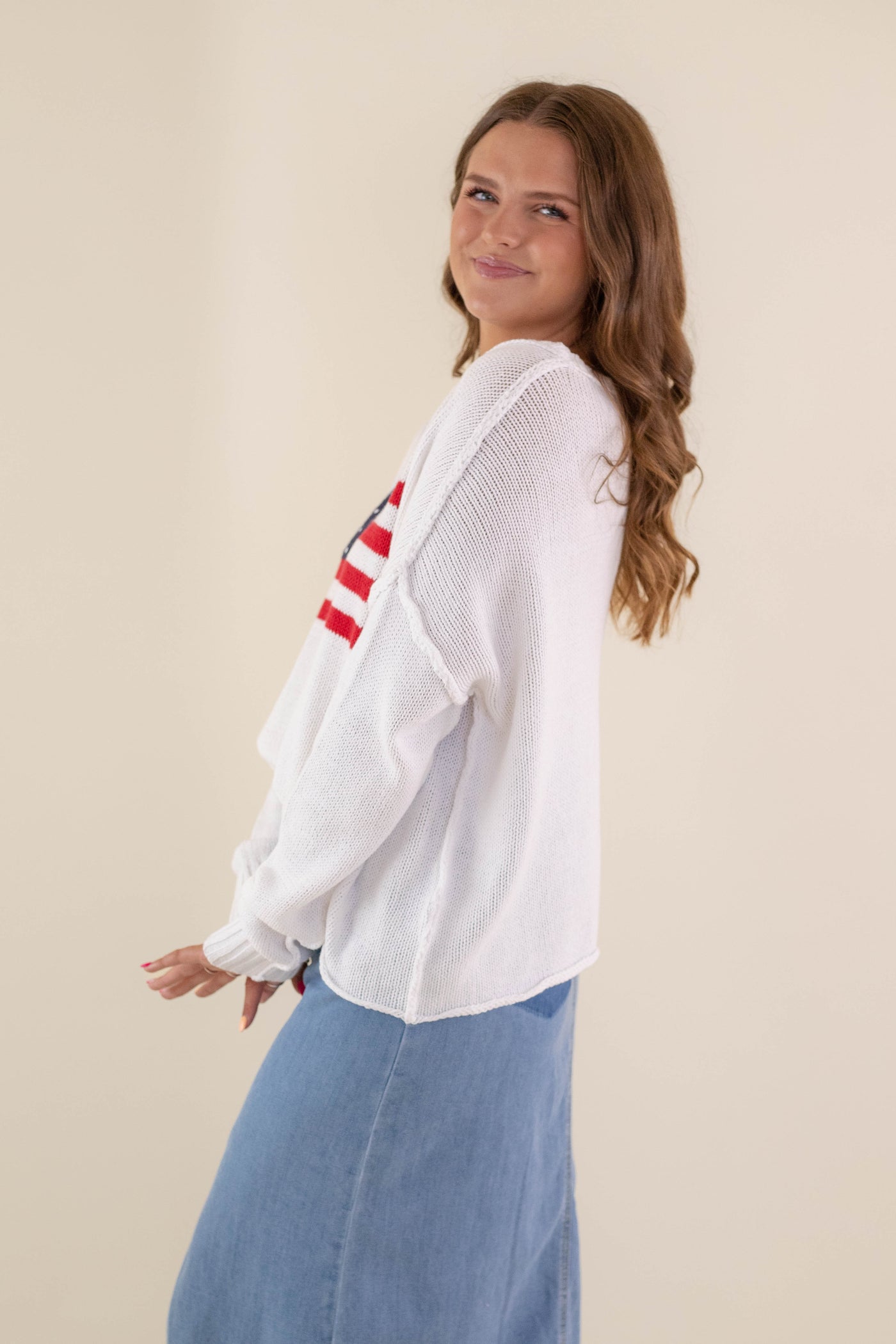 Women's American Flag Sweater- White Flag Sweater- Americana Lightweight Sweater