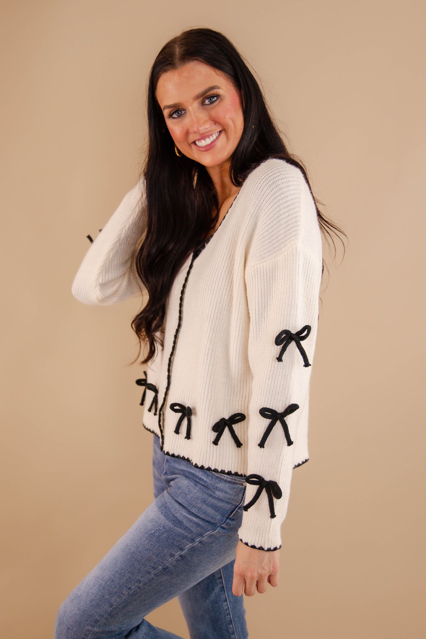 Ivory Cardigan With Black Bow Detail- Women's 3D Bow Cardigan- Black Bow Sweater