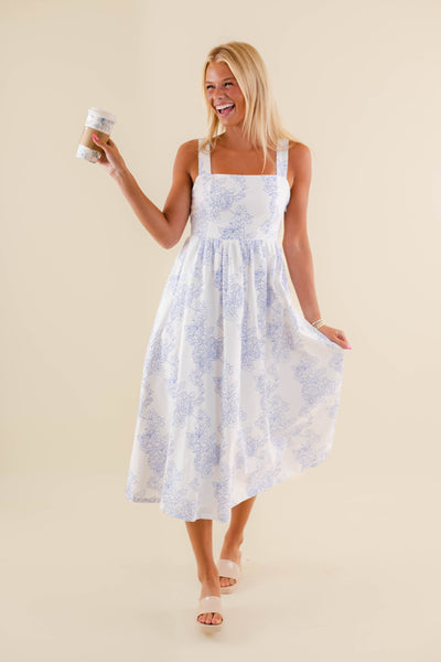 Blue and White Floral Print Dress- White Midi Dress- Coastal Grandmother Style Dresses