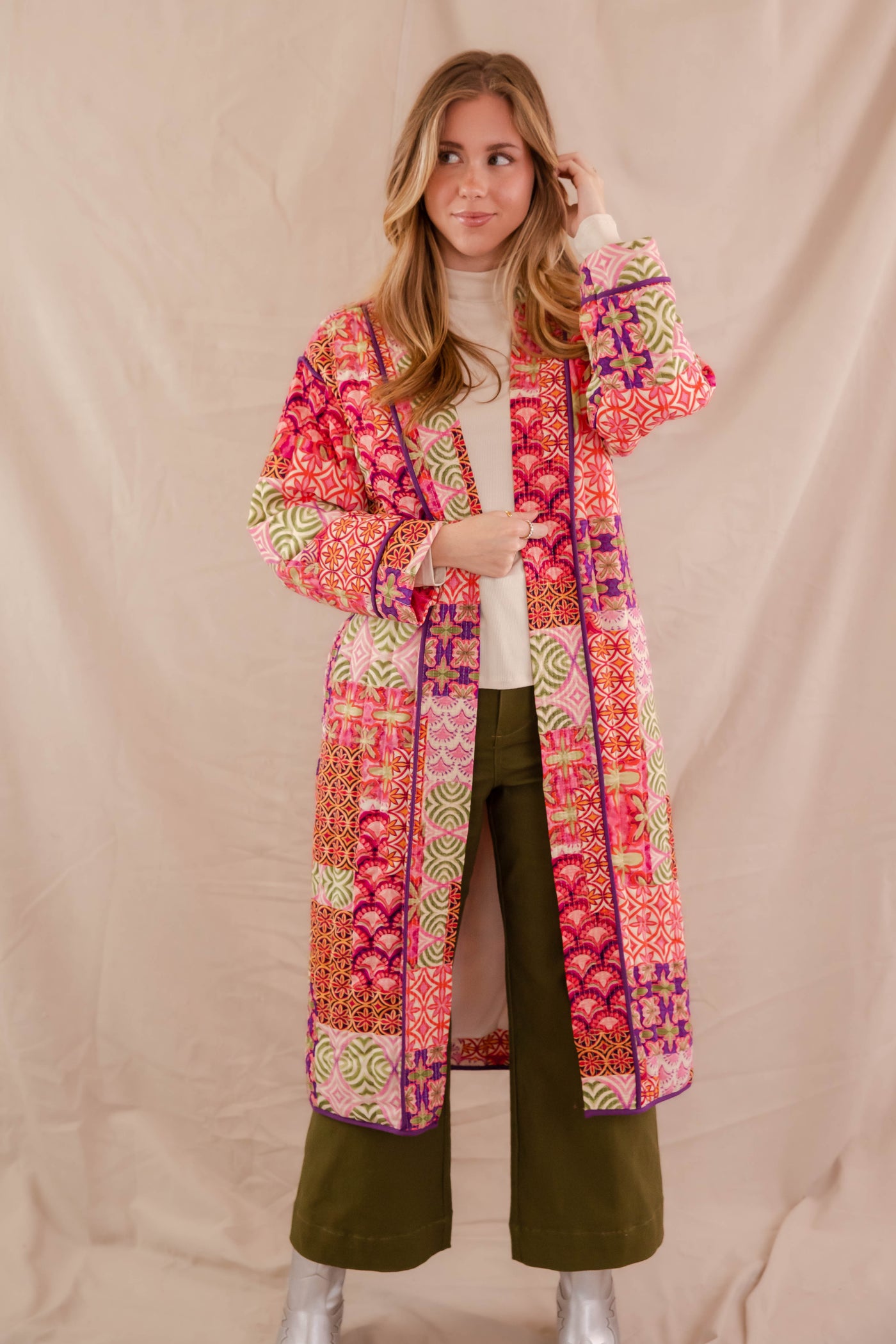 Women's Long Patchwork Coat- Colorful Patchwork Jacket- &Merci Long Jacket