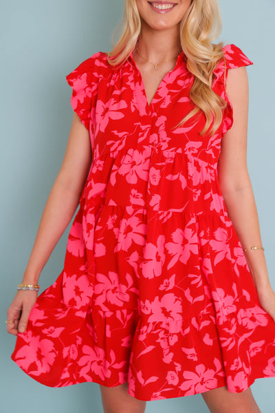 Red and Pink Floral Dress- Women's Vacation Dresses- Umgee Red Dress