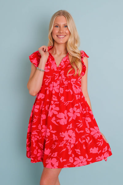 Red and Pink Floral Dress- Women's Vacation Dresses- Umgee Red Dress
